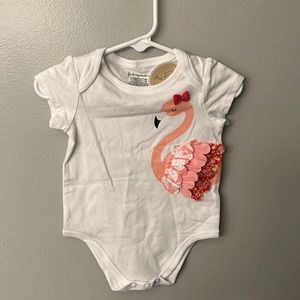 NWT 3-6 month first impressions white onesie with flamingo detail